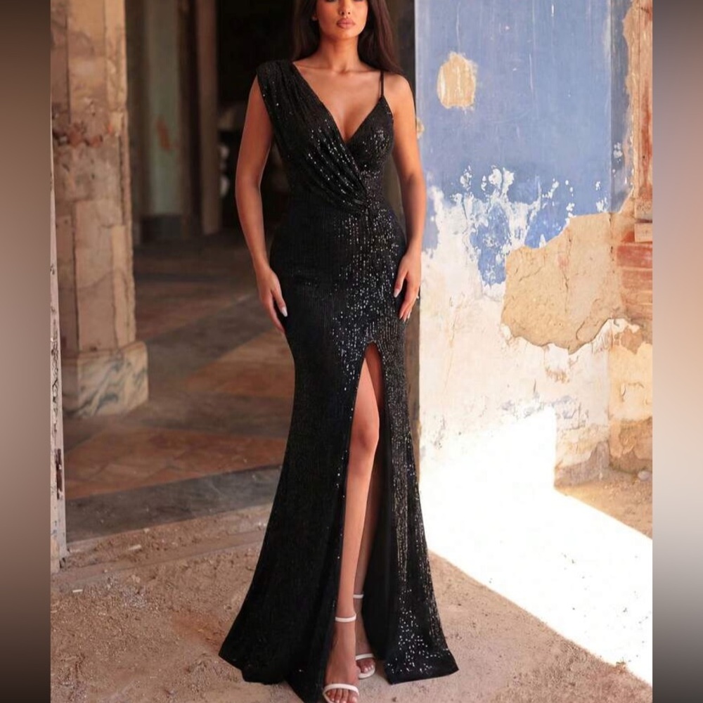 Luxe party bridesmaids prom slit thigh sequins gown  dress